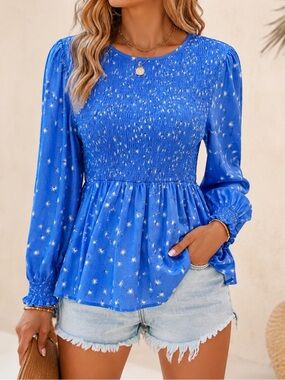 Love Sadie Blue White Abstract Print Lightweight  Peplum Top Size Large